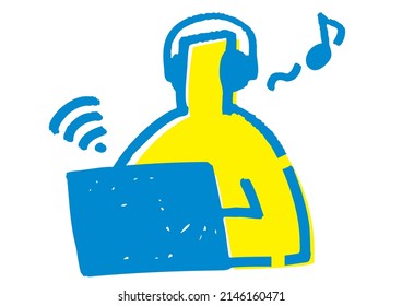 Stickman enjoying music on the Internet.