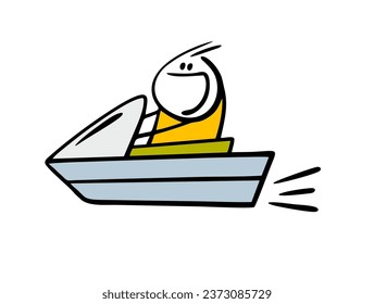 Stickman enthusiastically rushes on a water scooter over the waves. Vector illustration of sea competitions on transport and boat. Character isolated on white background.