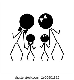 Stickman family figures. Parent children concept. Vector bonding symbol. Black outline shape.