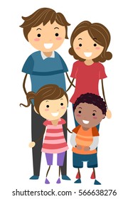 Stickman Family Illustration mit einer Familie mit adoptiertem Kind