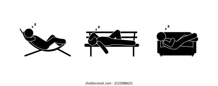 stickman se quedó dormido, el hombre descansa, duerme iconos de la gente, ilustración vectorial aislada, silueta humana figura pala en la silla