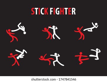 stickman fighter set vector illustration, isolated on black, eps10.