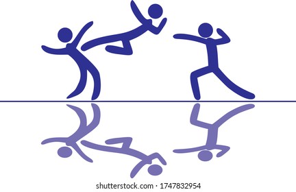 stickman fighter vector silhouette, mirror, reflection, isolated on white.