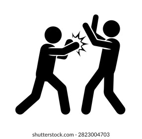 Stickman fighting and defending icon. Conflict between two people symbol. Violence, aggression, or physical attack concept illustration. Fight, punch, or abuse pictogram in simple black vector design.