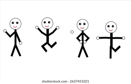 A stickman figure in different poses. First waving, then jumping, hands on hips and standing on one leg. The background is isolated.