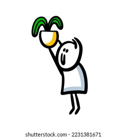 Stickman figure of home gardener he holds a flower in a pot over his head and tries to put it on the shelf. Vector illustration of boy caring of green domestic exotic plants.