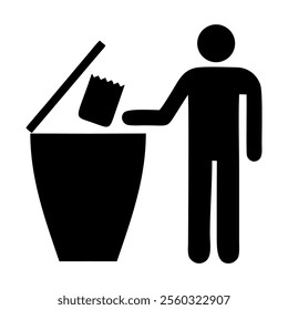 A stickman figure icon depicts a person throwing trash into a lidded bin, representing waste disposal, recycling, or cleanliness. Minimalist design on a plain white background.