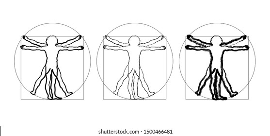 Stickman figure Vitruvian man symbol, Stick figures man, Leonardo da Vinci. Vector comic ratio icon.  Cartoon human, anatomy body pictogram or logo for biology, anatomical, metaphor, health concept. 