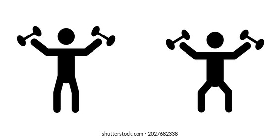 Stickman figures with dumbbell fitness gym centerpictogram. Barbell icon. Bodybuilding sport concept. Vector Stickman figure. Sport activity, muscle training. Gym workout, Body building. Lifting.