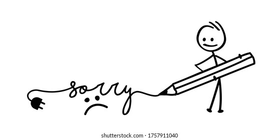 Stickman figures say sorry. Cartoon Stickman with wirwar draad or line. Cartoon stick figure. 404 error, Page not found. Offline broken concept. Flat vector. Unplug disconnect internet.
