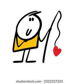 Stickman fisherman caught the heart on a fishing rod. Vector illustration of a guy in love. Hand drawn stick figure character isolated on white background.