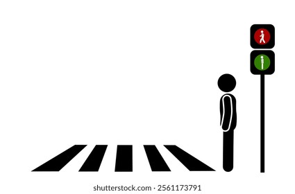  A stickman flat character illustration walking on a zebra crossing, with traffic lights showing walk or stop signals.