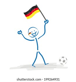 Stickman with football and german flag on the white background. Eps 10 vector file.