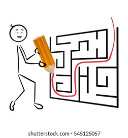 Stickman goes through labyrinth. Black and white labyrinth business concept.