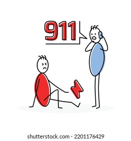 Stickman got accident and hurt so his friend calling 911 for help. Emergency call symbol vector illustration.