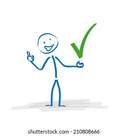 Stickman with with green tick on the white background. Eps 10 vector file.