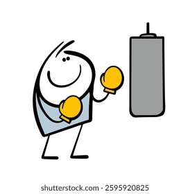 Stickman in the gym is training in boxing gloves, hitting  pear. Vector illustration of  satisfied athlete and equipment for sports and  healthy lifestyle. Isolated cartoon man on white background.