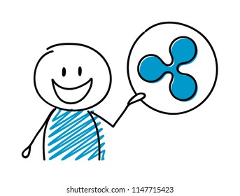 Stickman with hand drawn cryptocurrency icon - ripple. Vector.
