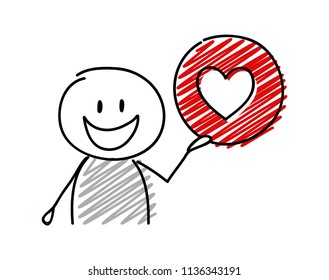 Stickman with happy facial expression holiding heart (social media) icon. Vector.