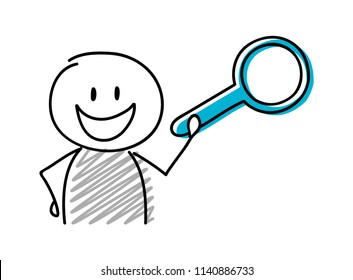 Stickman with happy facial expression holiding magnifier (search) icon. Vector.