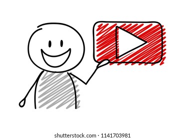 Stickman with happy facial expression holiding video player (social media) icon. Vector.