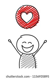 Stickman with happy facial expression holiding heart (social media) icon. Vector.