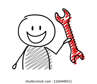 Stickman with happy facial expression holiding wrench (success concept) icon. Vector.