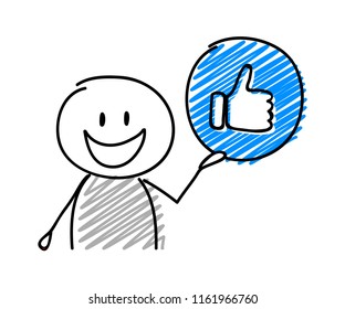 Stickman with happy facial expression holiding thumb (social media) icon. Vector.