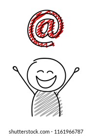 Stickman with happy facial expression holiding email adress icon. Vector.