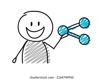 Stickman with happy facial expression holiding share (social media) icon. Vector.