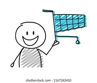 Stickman with happy facial expression holiding shopping cart icon. Vector.