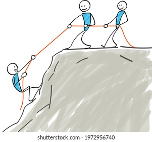 Stickman helping mountain climbing with a rope