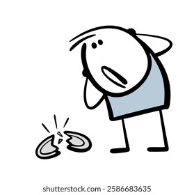 Stickman hit a plate on the floor. Vector illustration of a child breaking dishes. Shards from the service are lying on the floor. Man is suffering in horror. Unpleasant surprise.  