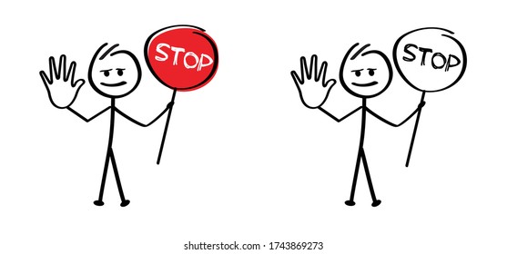 Stickman Hold A Stop Sign Smile Emoji Icons Funny Power Strength Comic Stick Figures Man Woman Vector Forbidden Sign Drawing Cartoon Person Halt Allowed Area Do Not Enter Running Danger Go Or Slow