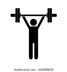Stickman holding barbell made of two weights on white background. All pieces isolated.