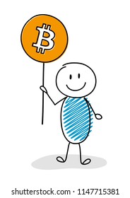 Stickman holding bitcoin icon. Vector.