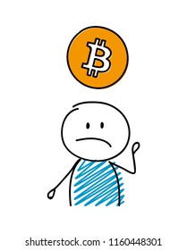 Stickman holding bitcoin icon. Vector.