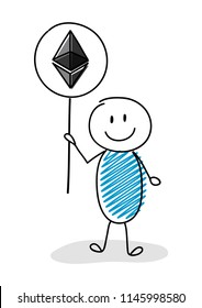 Stickman holding etherum icon. Vector.
