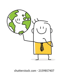 Stickman holding a globe with one hand. Environmental protection concept. Doodle style. Vector illustration.