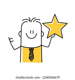 Stickman holding golden star. OK gesture. Ranking evaluation and classification concept. Doodle style. Vector illustration.