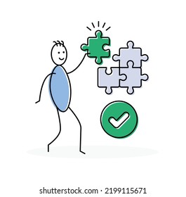 Stickman holding jigsaw puzzle piece in doodle design. Business solutions, success and strategy.