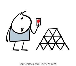 Stickman holds doodle playing card in his hands, the suit of hearts. Vector illustration of a child playing and building house of cards. Cartoon fun game. Isolated character on white background.