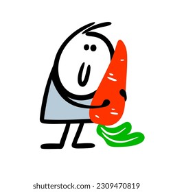 Stickman holds, hugs a big carrot from the new crop. Vector illustration of cartoon farmer and vegetables from the garden. Isolated image on white background.