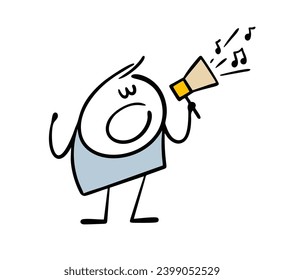 Stickman holds loudspeaker and shouts loudly or sings a song. Vector illustration of an artist performing on stage, playing music. Musical performance. Isolated character on white background.
