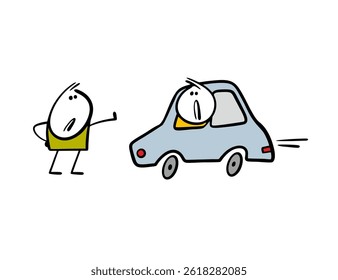Stickman segura a mão e faz um gesto de parar. Ilustração vetorial de um motorista dirigindo em um carro na estrada, protestando contra o estacionamento inadequado. Personagem de desenho animado isolado.