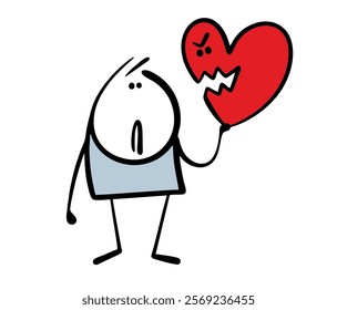 Stickman holds a red heart in  hand. Vector illustration of a funny monster showing teeth and threatening to destroy love. Isolated cartoon character on white background.