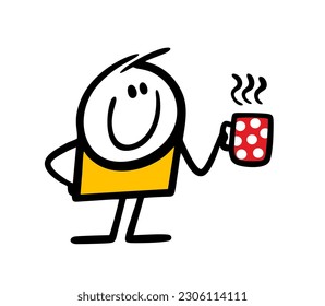 The stickman holds a red mug in a circle with a hot drink and steam. Vector illustration of homemade coffee.  Isolated image on white background.