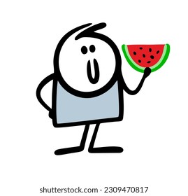  Stickman holds a slice of ripe watermelon in his hand. Vector illustration of a character and a large berry. Isolated image on white background.