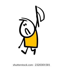 Stickman holds a white flag over his head. Vector illustration of a sad loser boy and defeat. Hand drawn stick figure character isolated on white background.