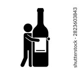 Stickman hugging wine bottle icon. Drunk person symbol, alcohol addiction concept, drinking problem, party celebration, liquor bottle silhouette, vector illustration isolated on white background.